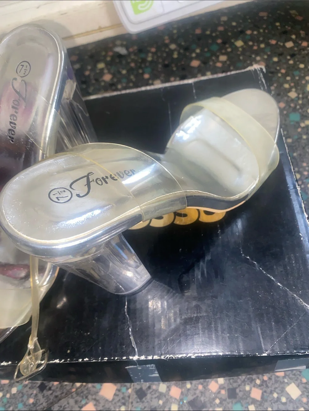 Forever 21 Silver Metallic Slide Heels with Clear Straps